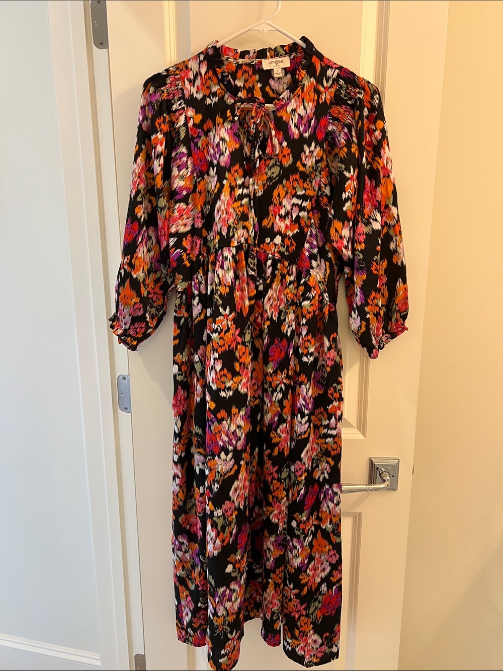 Floral Midi Dress with Tie Neck - Black, Pink & Orange